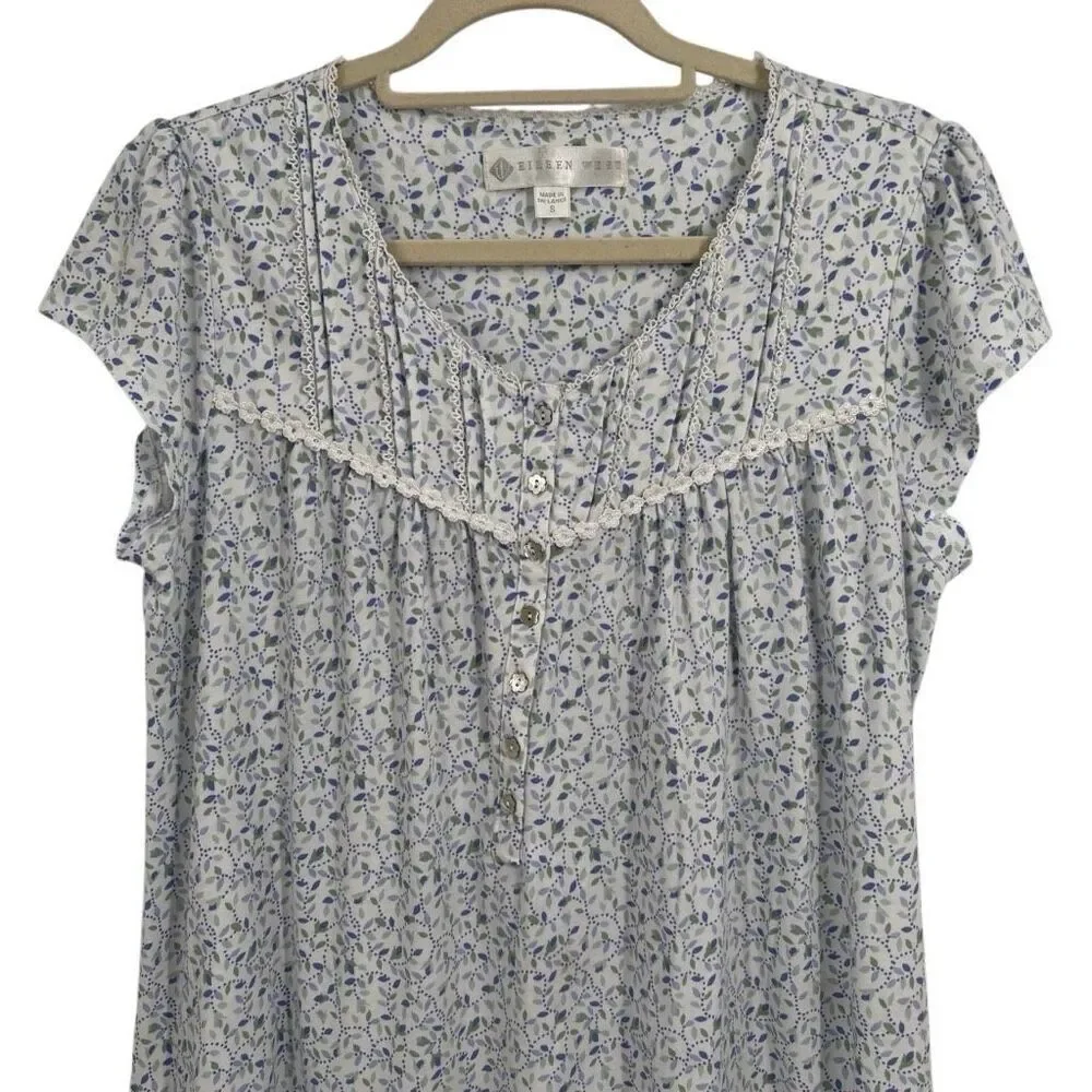 Eileen West Cap Sleeve Knee Length Floral Gown White/Blue/Green‎ Size Small